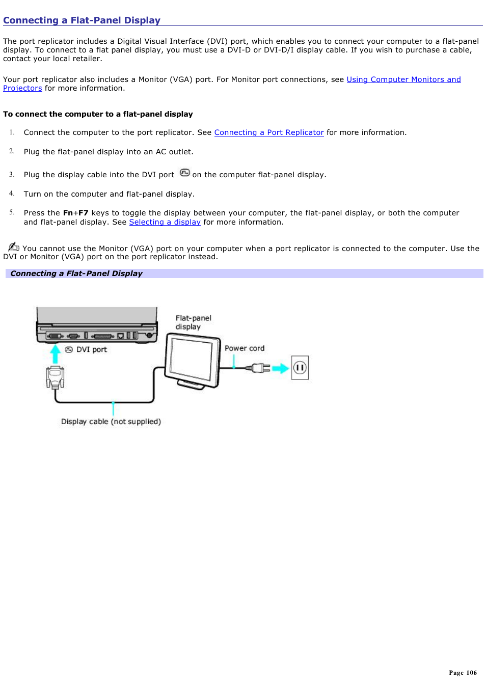 Connecting a flat-panel display | Sony PCG-V505BX User Manual | Page 106 / 141