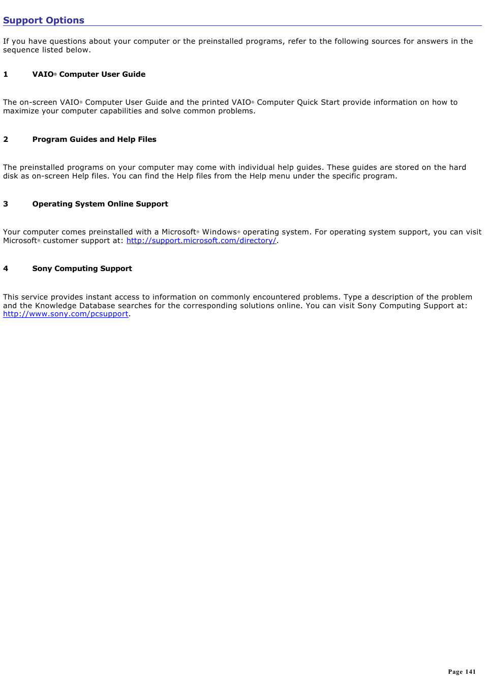 Support options | Sony PCG-V505BX User Manual | Page 141 / 141