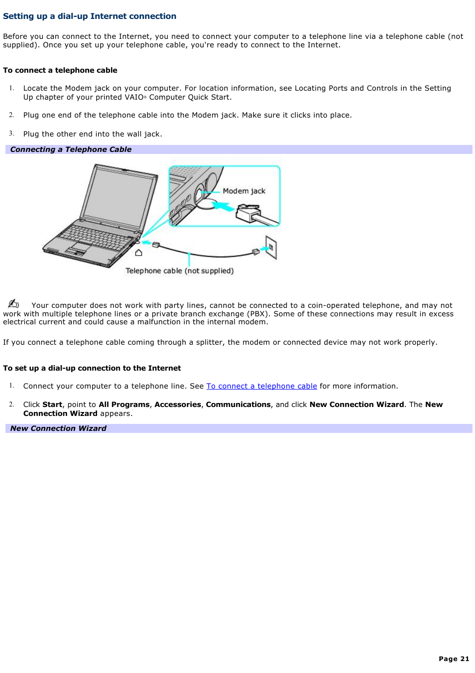 Setting up a dial-up internet connection | Sony PCG-V505BX User Manual | Page 21 / 141