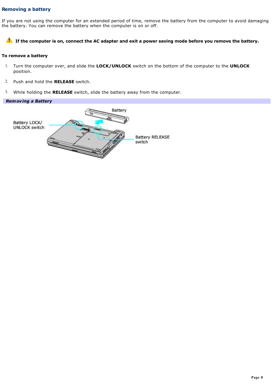 Removing a battery | Sony PCG-V505BX User Manual | Page 8 / 141