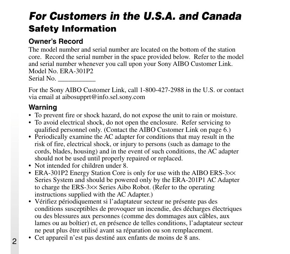 For customers in the u.s.a. and canada, Safety information | Sony ERA-301P2 User Manual | Page 2 / 94