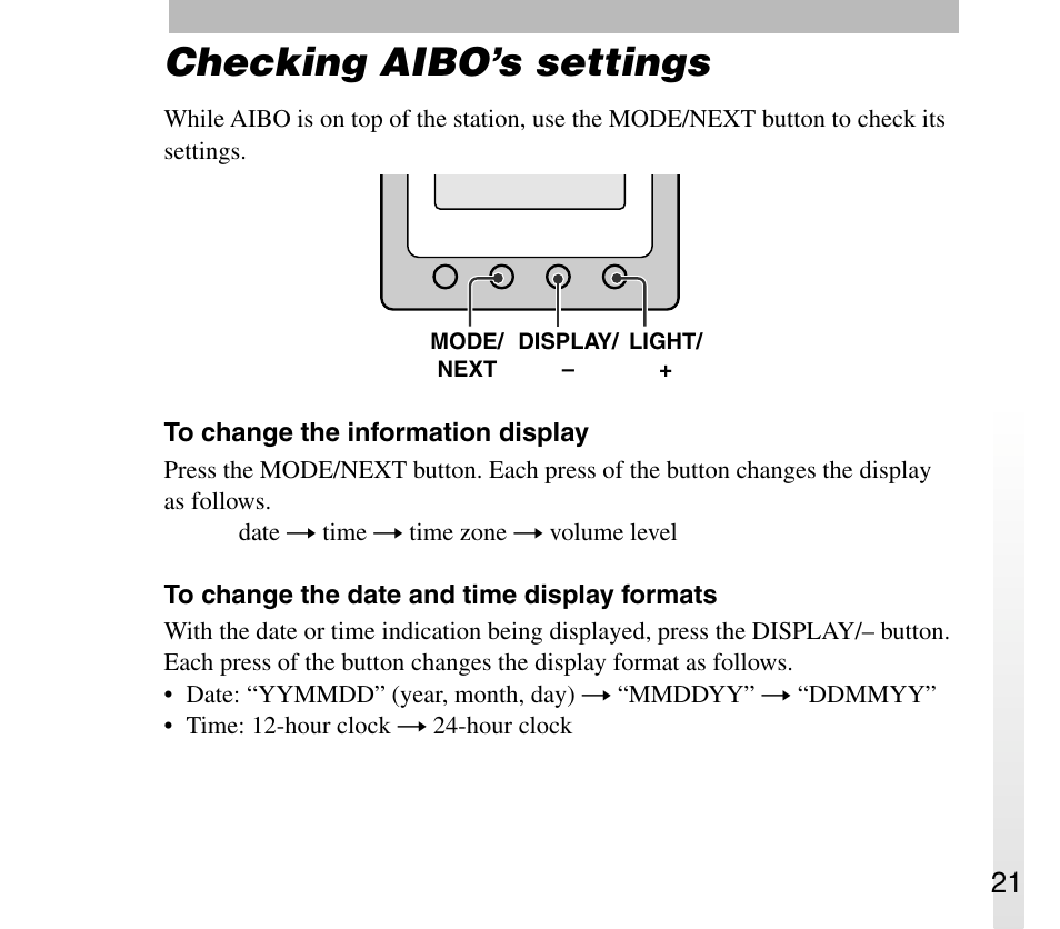 Checking aibo’s settings | Sony ERA-301P2 User Manual | Page 21 / 94