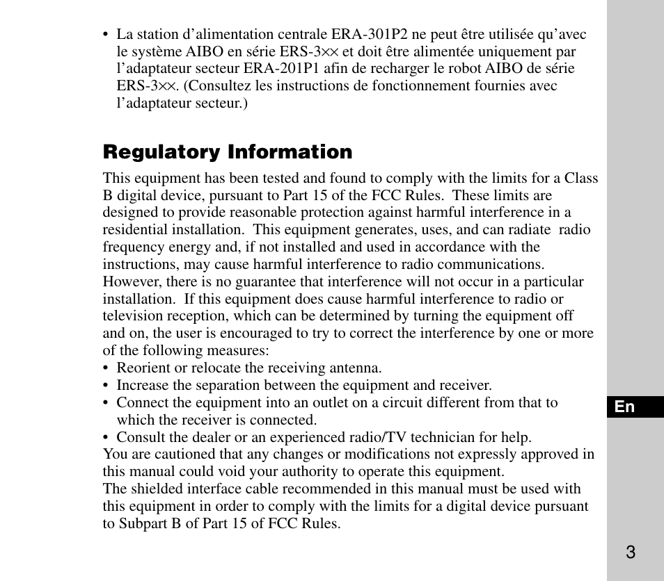 Regulatory information | Sony ERA-301P2 User Manual | Page 3 / 94