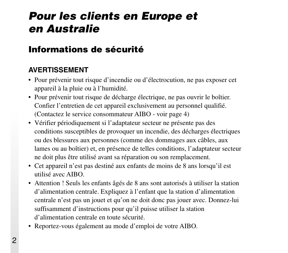 Pour les clients en europe et en australie, Informations de sécurité | Sony ERA-301P2 User Manual | Page 38 / 94