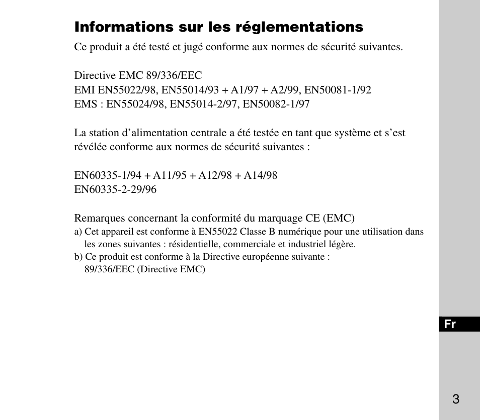 Informations sur les réglementations | Sony ERA-301P2 User Manual | Page 39 / 94