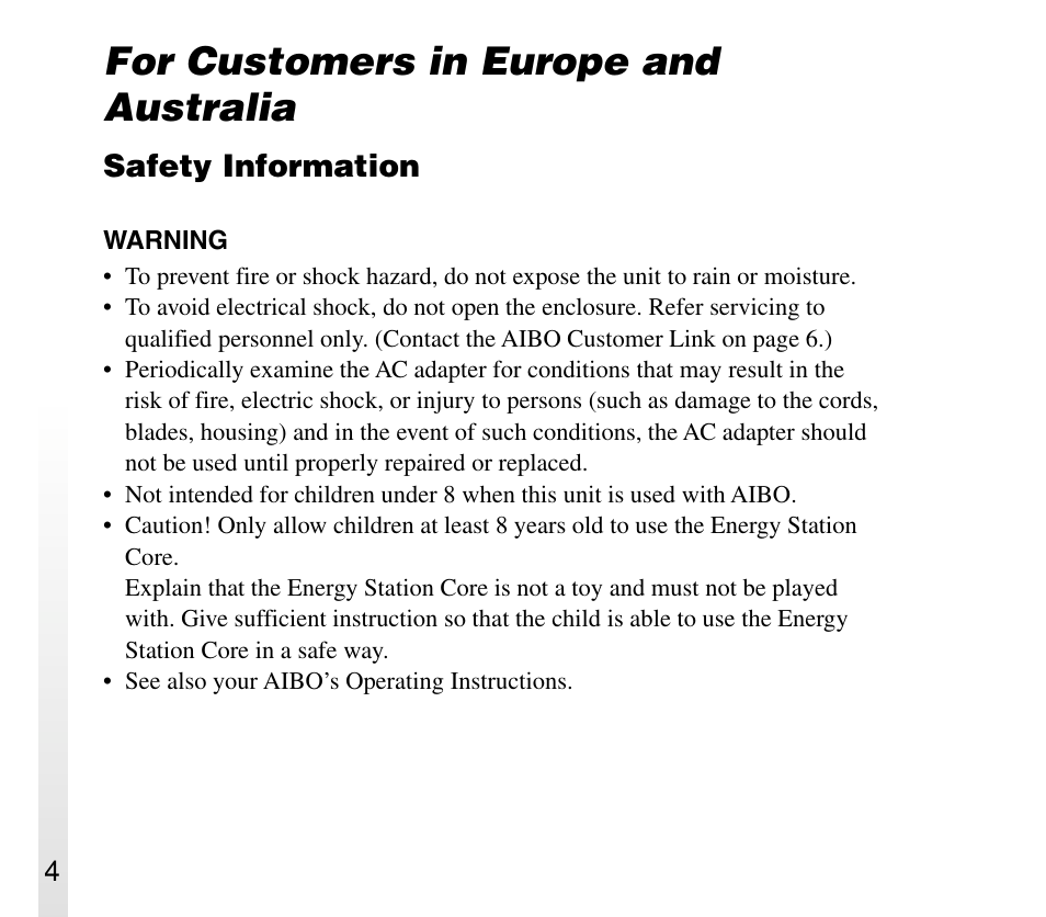 For customers in europe and australia, Safety information | Sony ERA-301P2 User Manual | Page 4 / 94