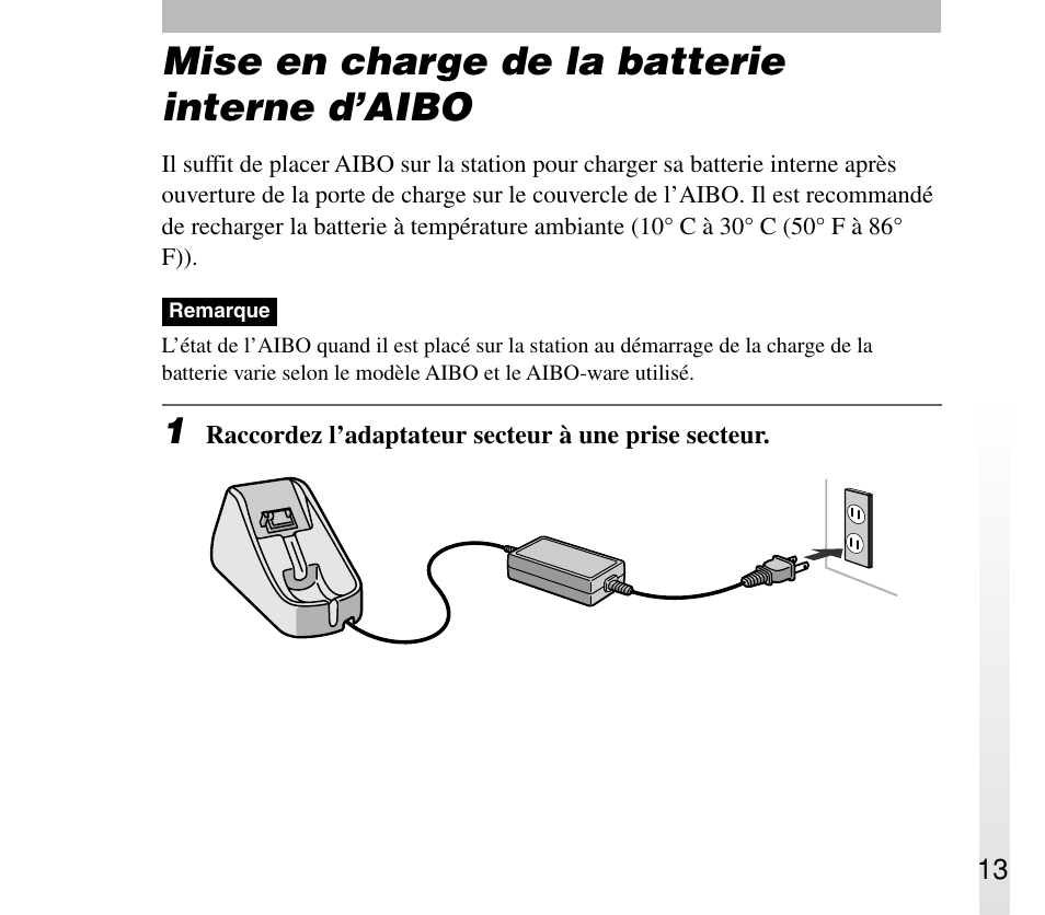 Mise en charge de la batterie interne d’aibo | Sony ERA-301P2 User Manual | Page 49 / 94