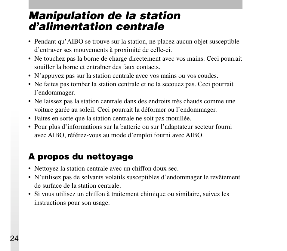 Manipulation de la station d’alimentation centrale, A propos du nettoyage | Sony ERA-301P2 User Manual | Page 60 / 94