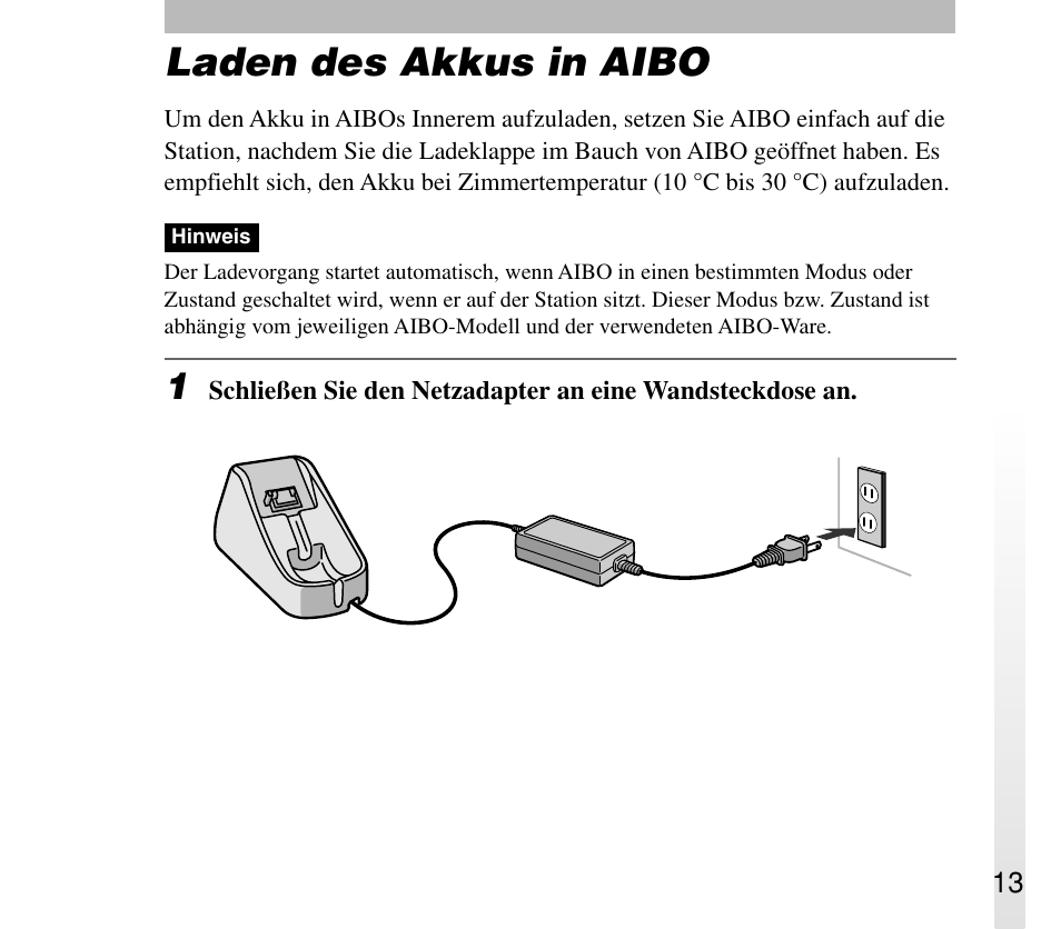 Laden des akkus in aibo | Sony ERA-301P2 User Manual | Page 77 / 94