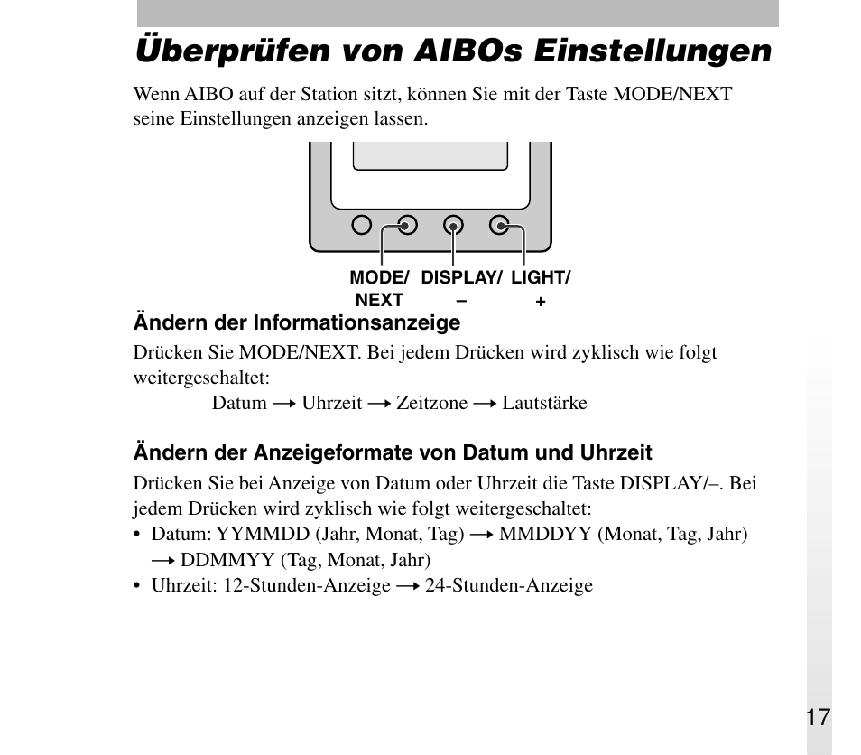 Überprüfen von aibos einstellungen | Sony ERA-301P2 User Manual | Page 81 / 94