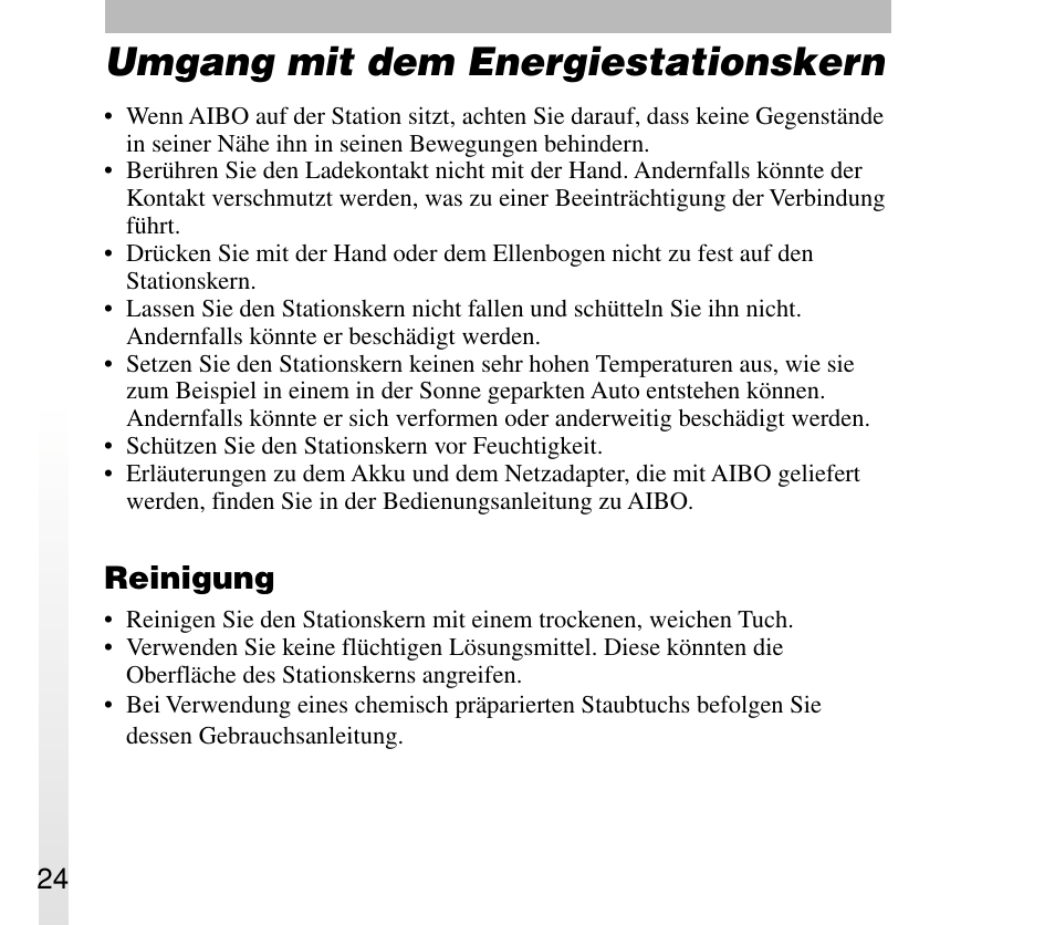 Umgang mit dem energiestationskern, Reinigung | Sony ERA-301P2 User Manual | Page 88 / 94