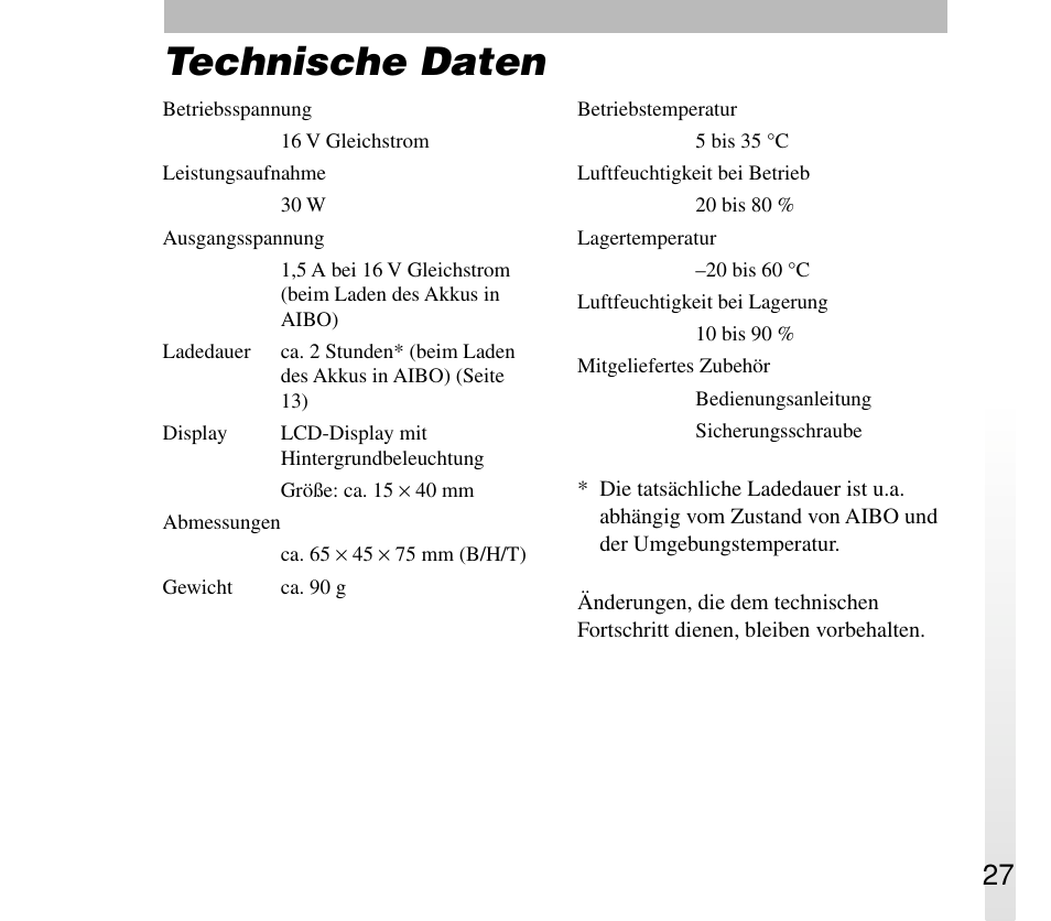 Technische daten | Sony ERA-301P2 User Manual | Page 91 / 94