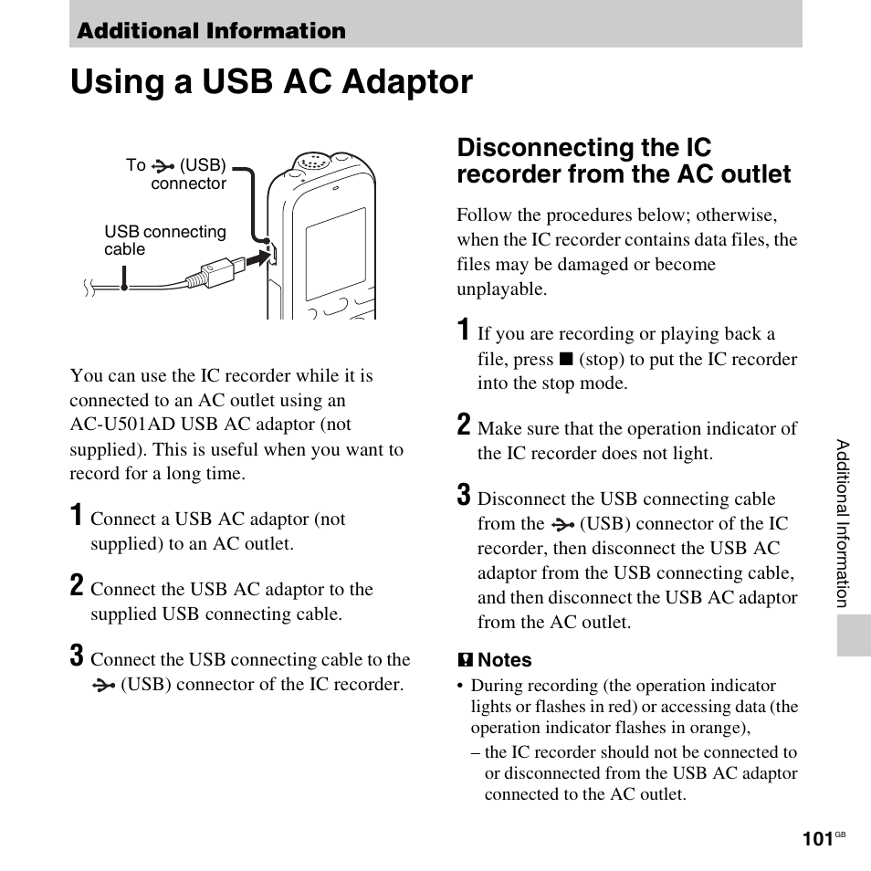 Additional information, Using a usb ac adaptor, Disconnecting the ic recorder from the ac outlet | Sony ICD-PX312D User Manual | Page 101 / 132