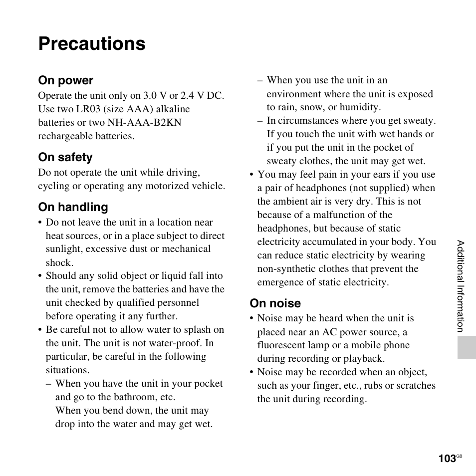 Precautions | Sony ICD-PX312D User Manual | Page 103 / 132