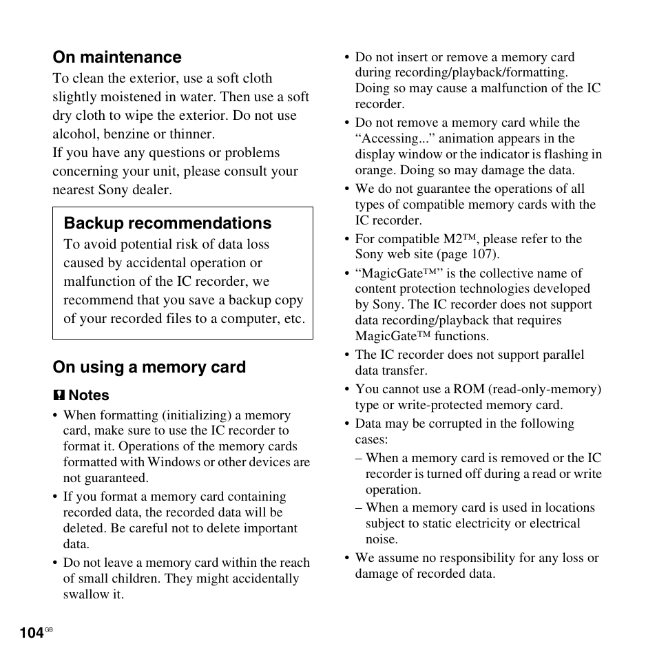 On maintenance, Backup recommendations | Sony ICD-PX312D User Manual | Page 104 / 132