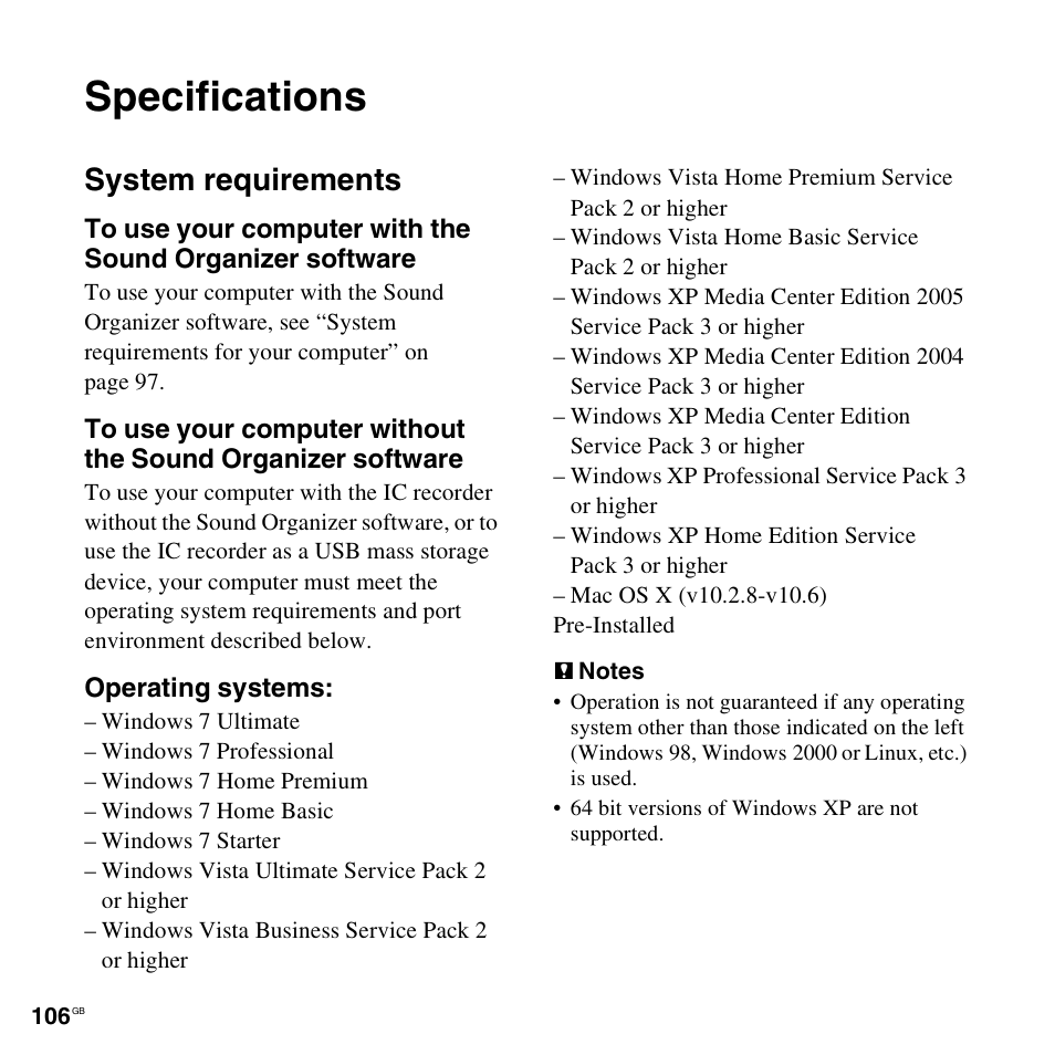 Specifications, System requirements | Sony ICD-PX312D User Manual | Page 106 / 132