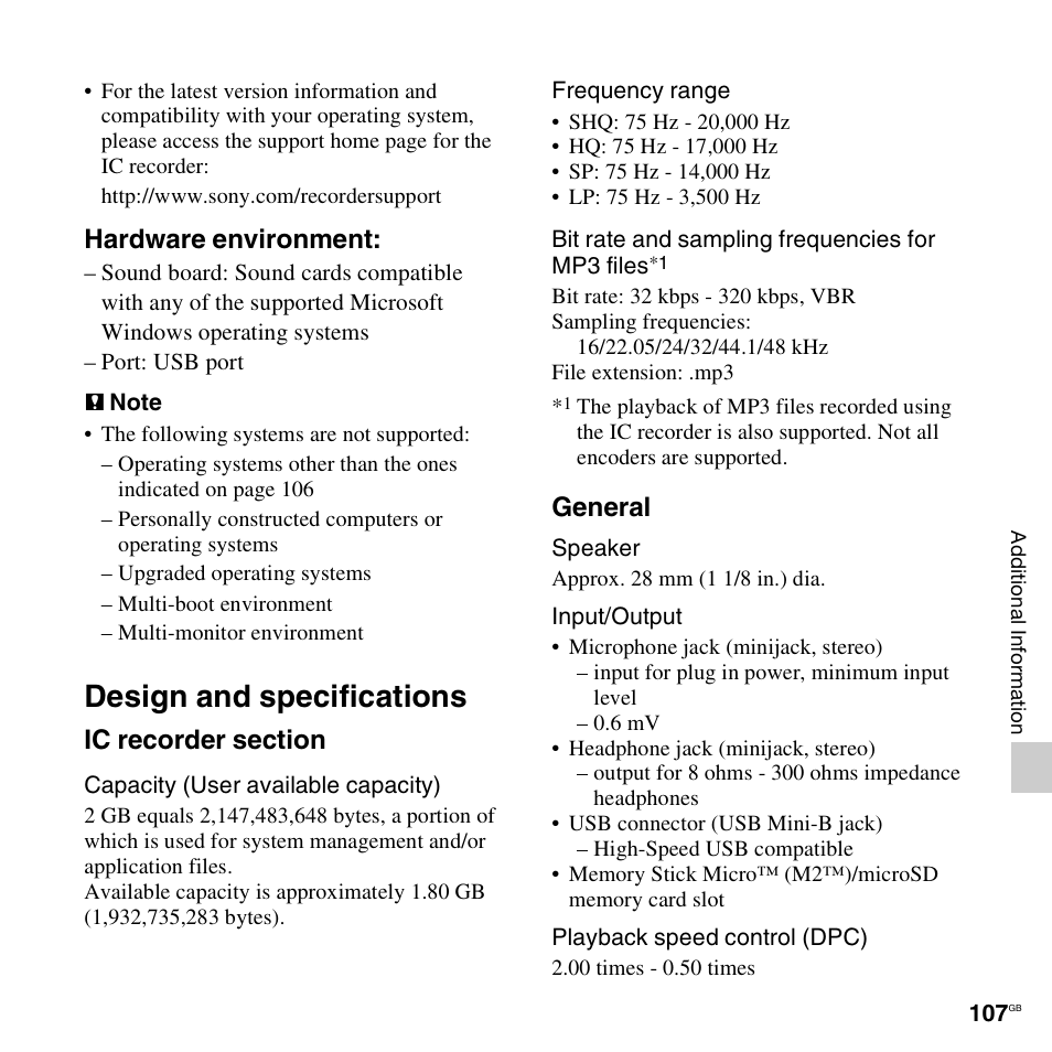 Design and specifications, Hardware environment, General | Sony ICD-PX312D User Manual | Page 107 / 132