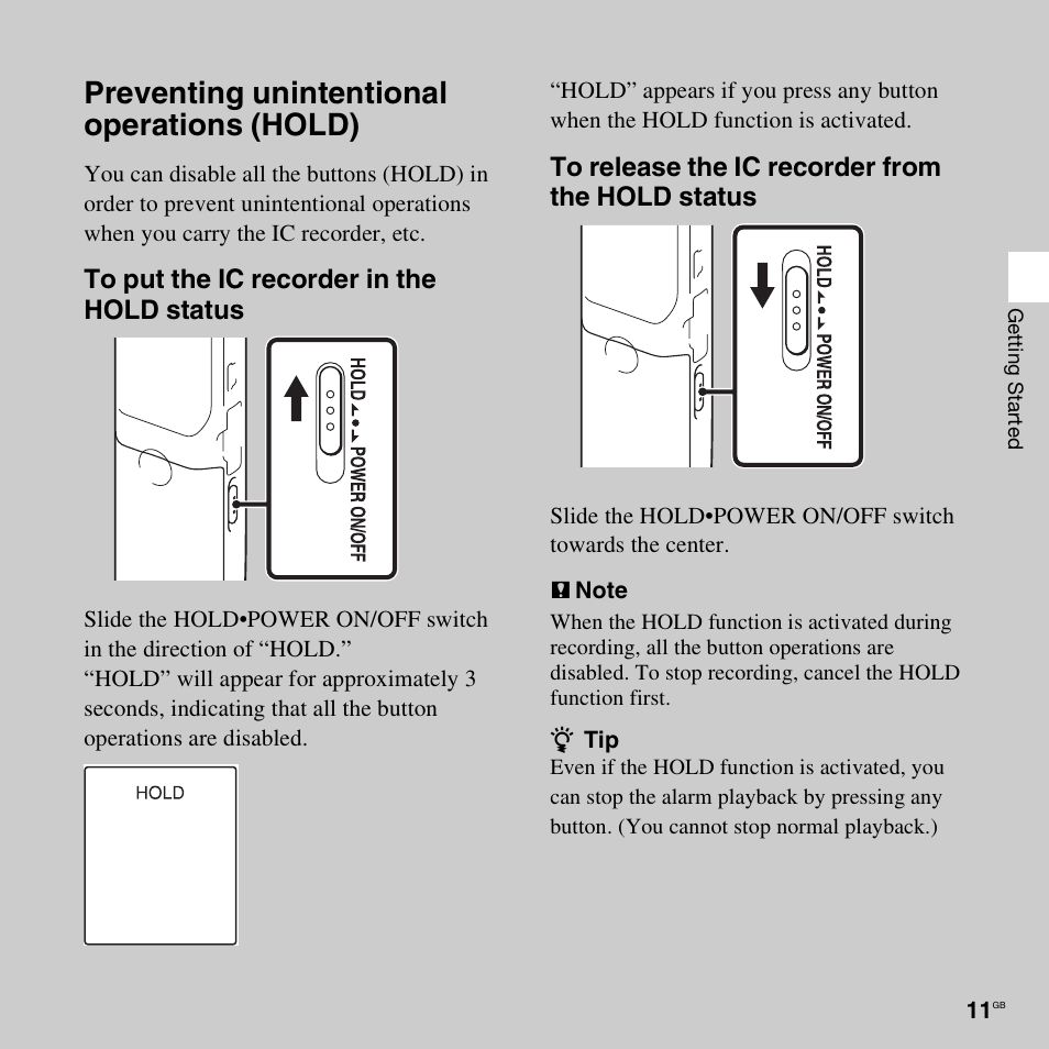 Preventing unintentional operations (hold) | Sony ICD-PX312D User Manual | Page 11 / 132