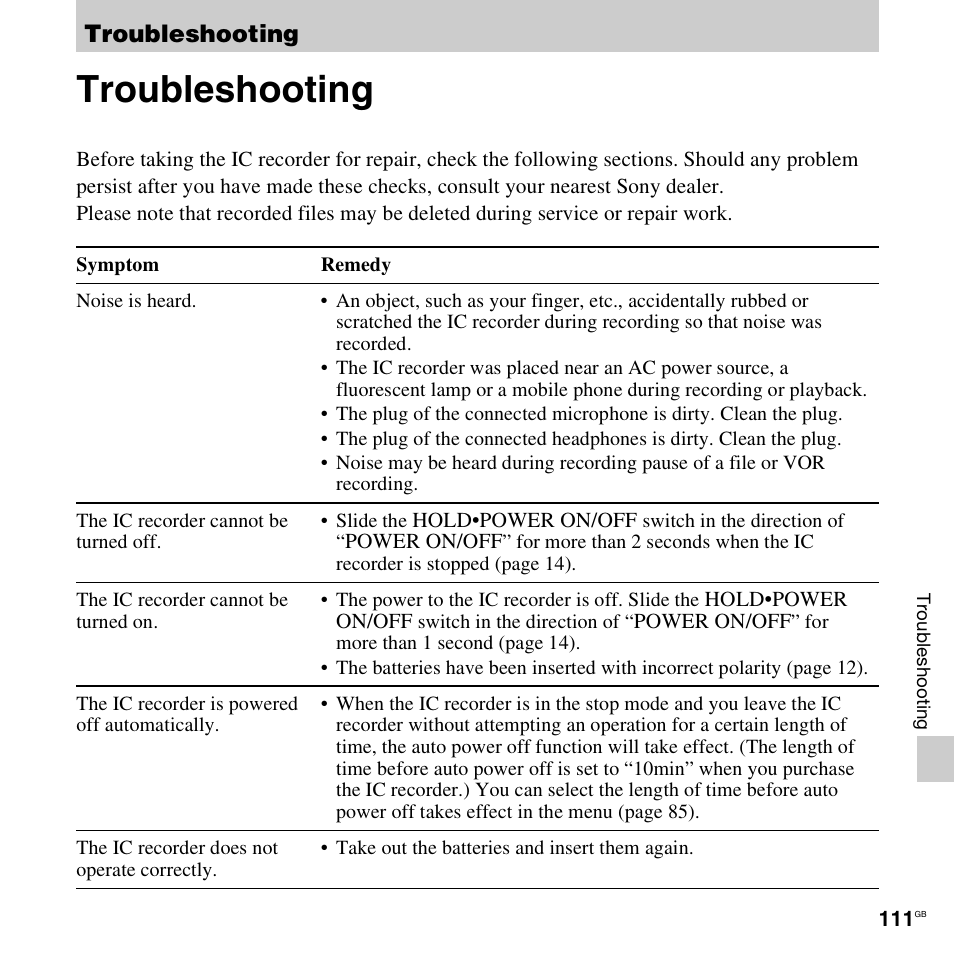 Troubleshooting | Sony ICD-PX312D User Manual | Page 111 / 132