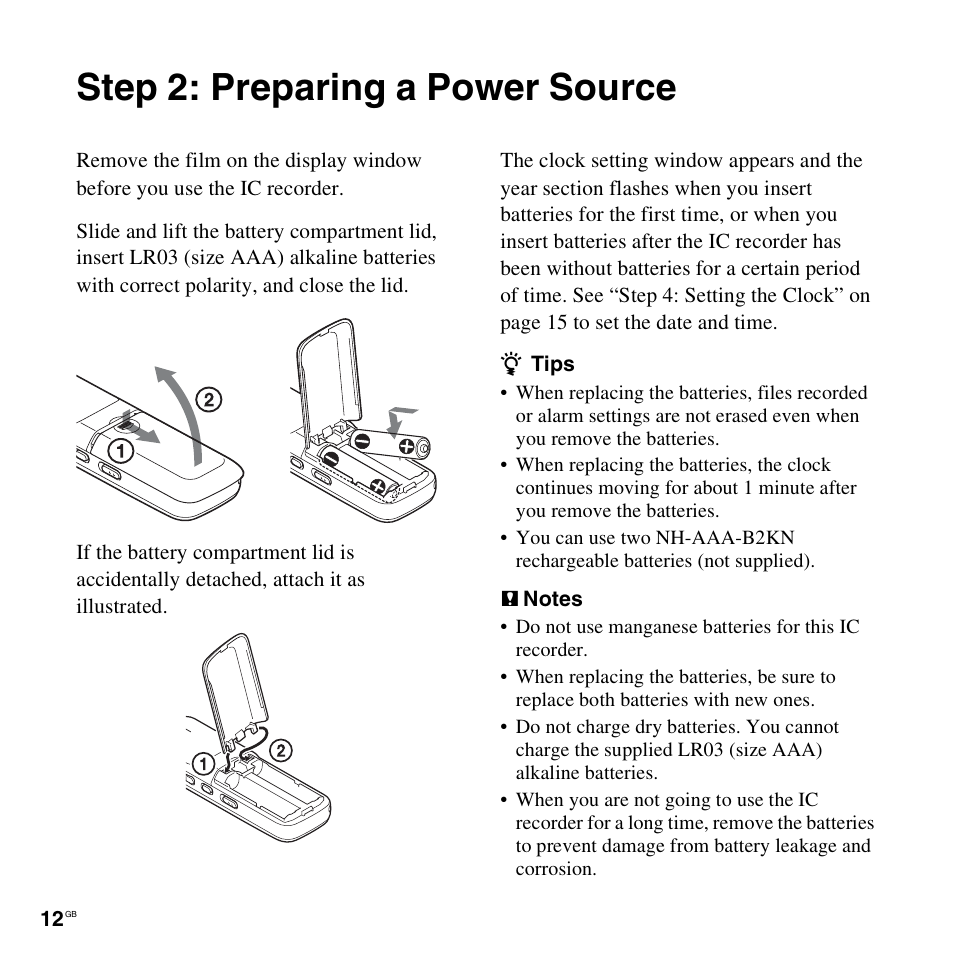 Step 2: preparing a power source | Sony ICD-PX312D User Manual | Page 12 / 132