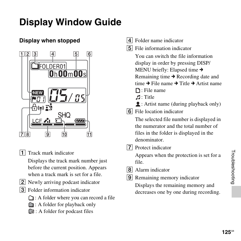 Display window guide | Sony ICD-PX312D User Manual | Page 125 / 132