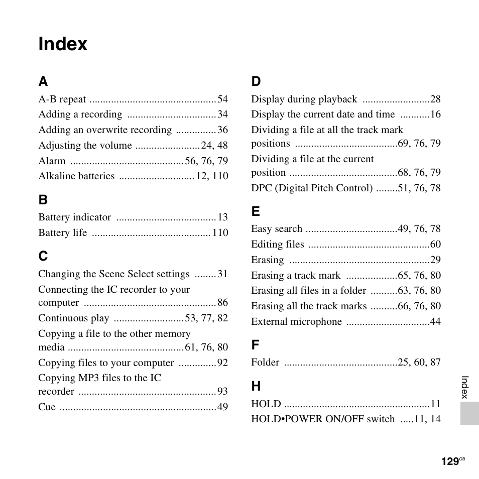 Index | Sony ICD-PX312D User Manual | Page 129 / 132