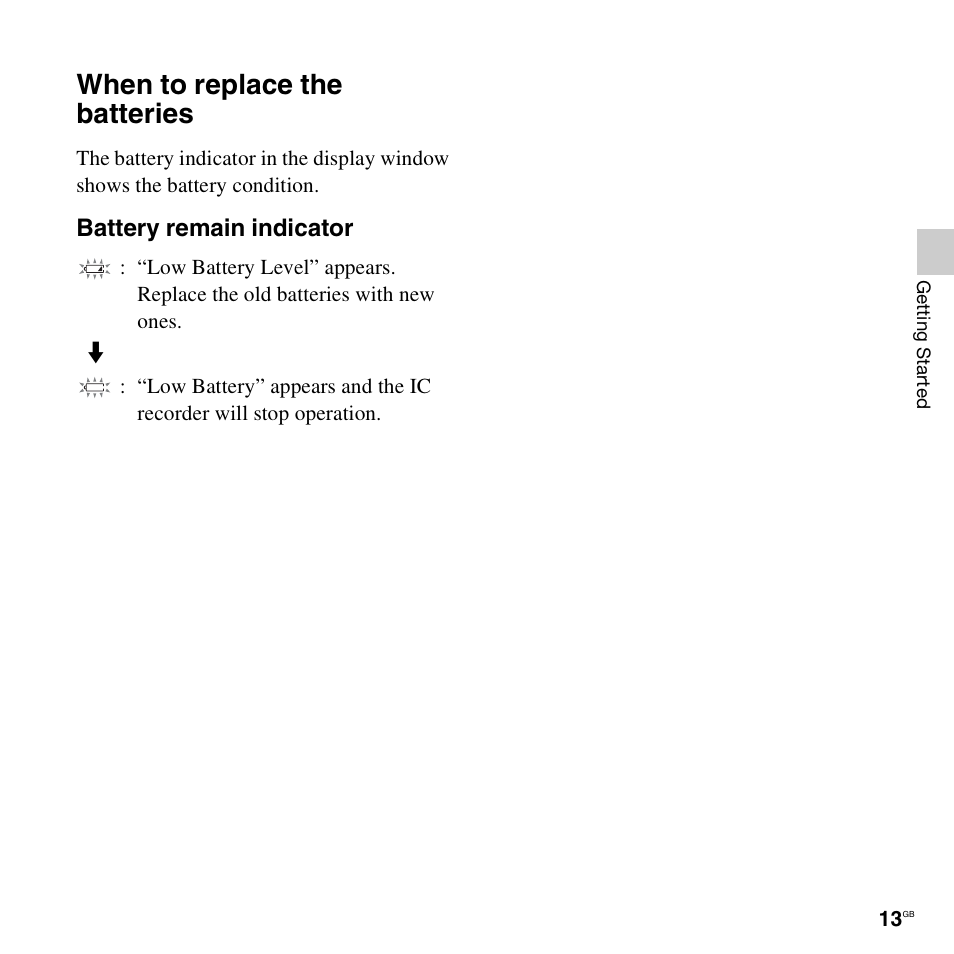 When to replace the batteries, Battery remain indicator | Sony ICD-PX312D User Manual | Page 13 / 132