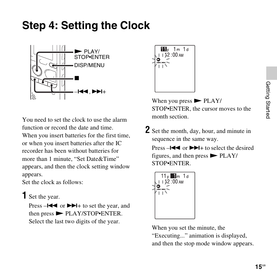 Step 4: setting the clock | Sony ICD-PX312D User Manual | Page 15 / 132