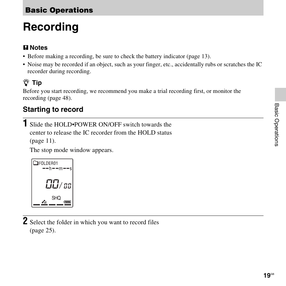 Basic operations, Recording | Sony ICD-PX312D User Manual | Page 19 / 132