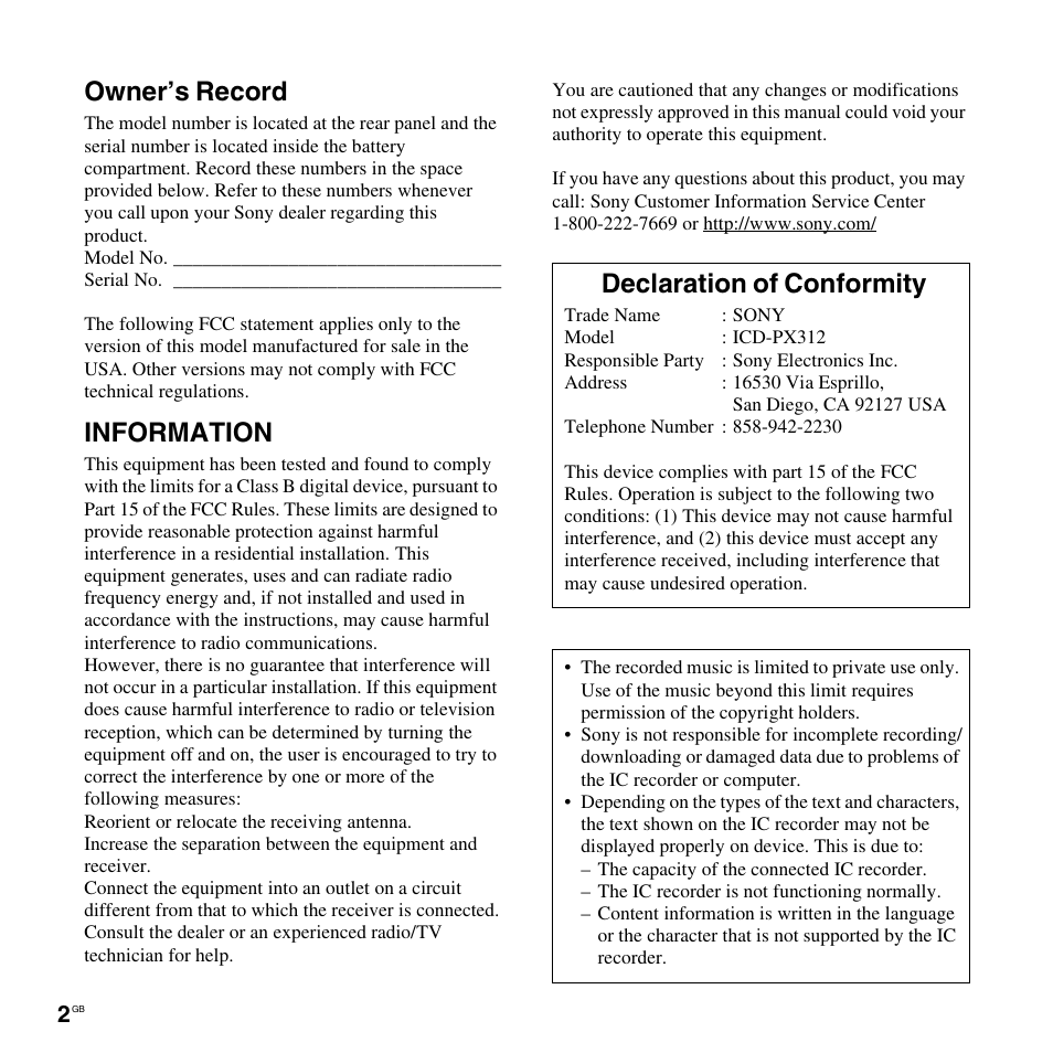 Owner’s record, Information, Declaration of conformity | Sony ICD-PX312D User Manual | Page 2 / 132