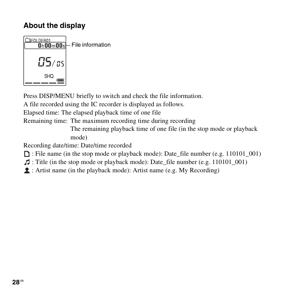 About the display | Sony ICD-PX312D User Manual | Page 28 / 132