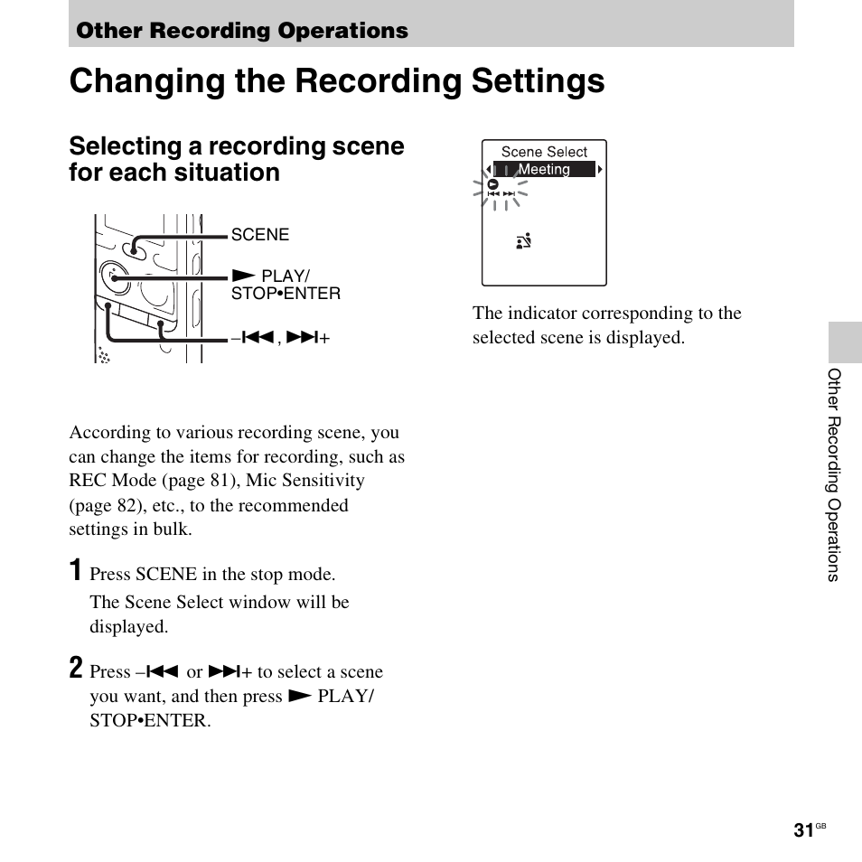 Other recording operations, Changing the recording settings, Selecting a recording scene for each situation | Sony ICD-PX312D User Manual | Page 31 / 132