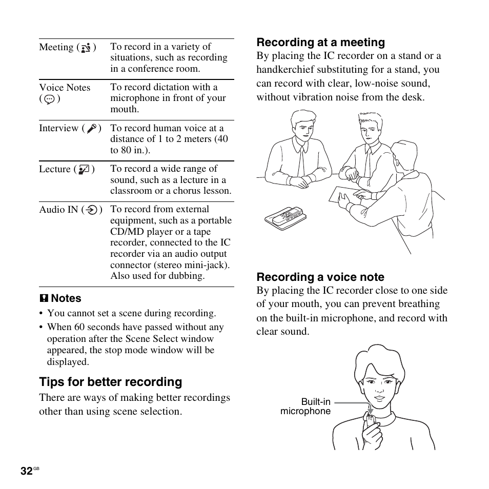 Tips for better recording | Sony ICD-PX312D User Manual | Page 32 / 132