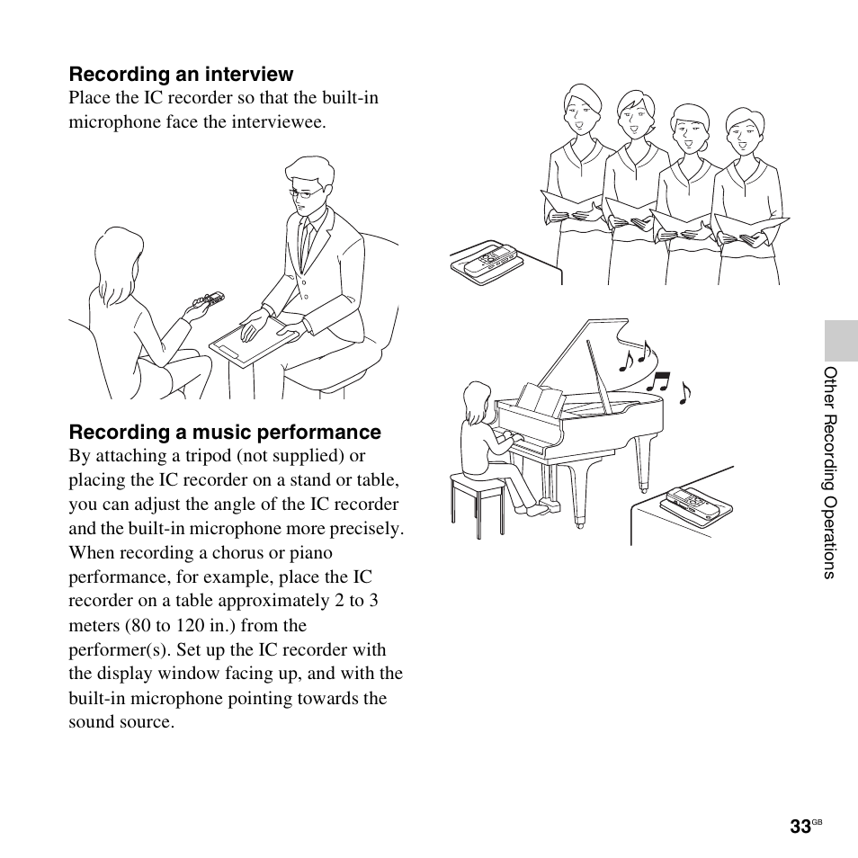 Recording an interview, Recording a music performance | Sony ICD-PX312D User Manual | Page 33 / 132