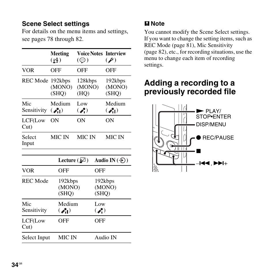 Adding a recording to a previously recorded file | Sony ICD-PX312D User Manual | Page 34 / 132