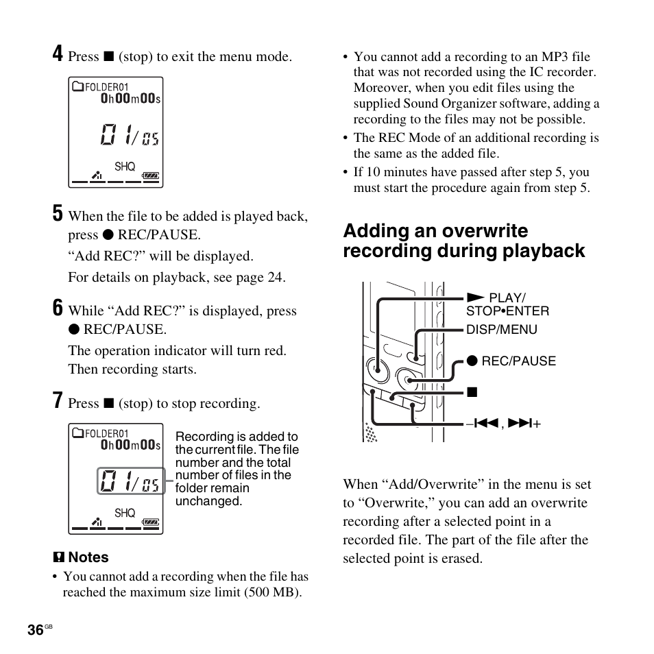 Adding an overwrite recording during playback | Sony ICD-PX312D User Manual | Page 36 / 132
