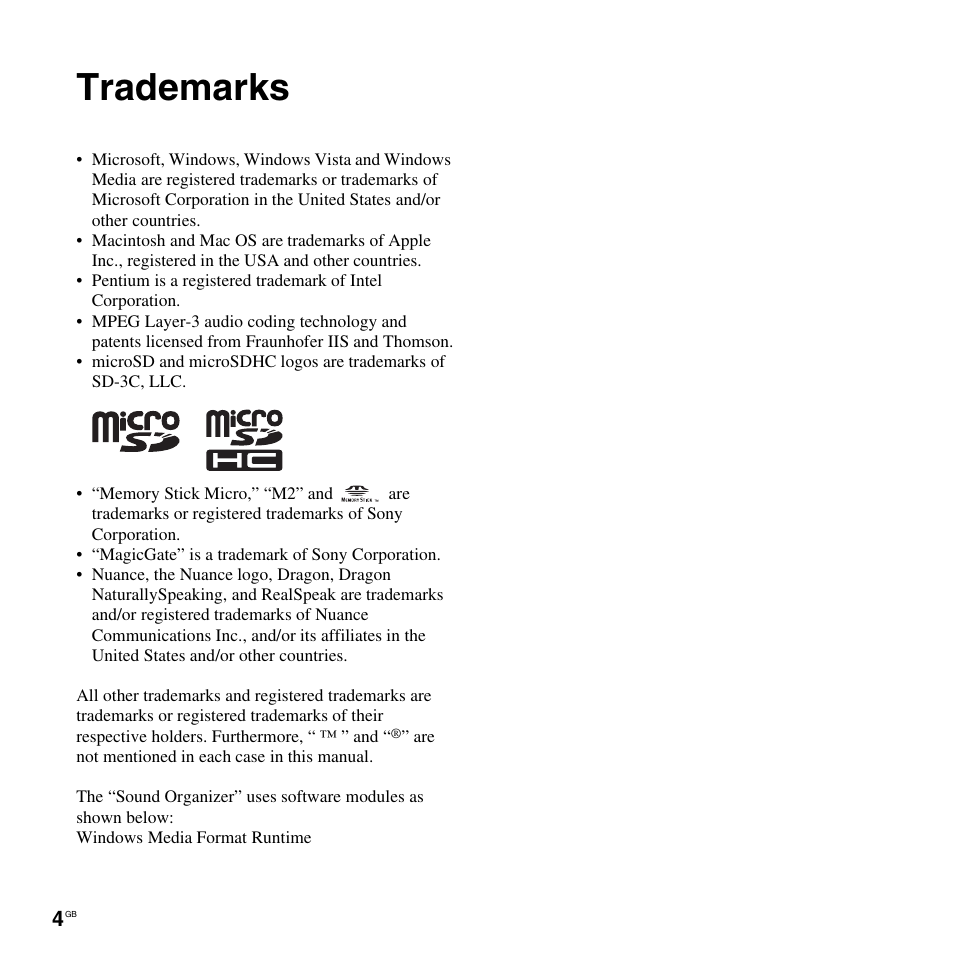 Trademarks | Sony ICD-PX312D User Manual | Page 4 / 132