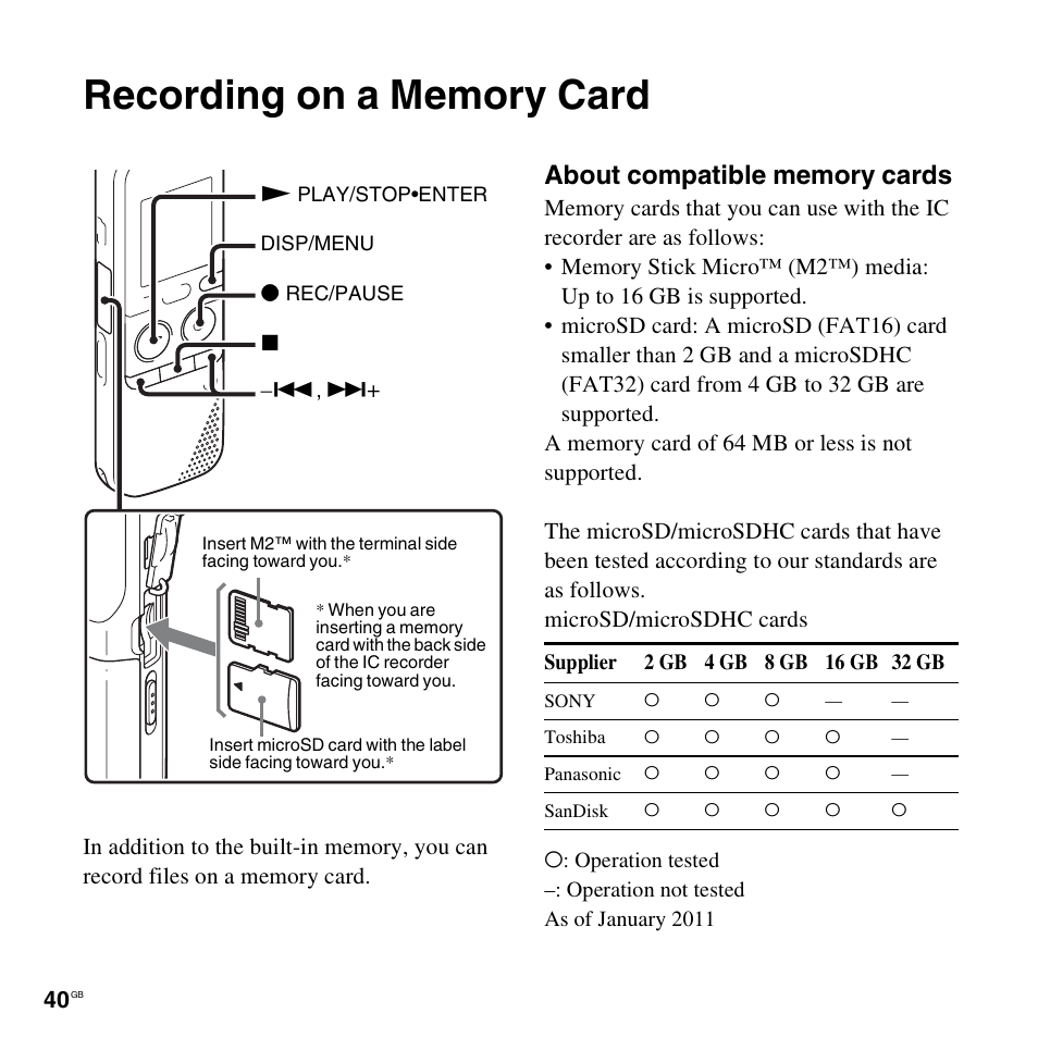 Recording on a memory card | Sony ICD-PX312D User Manual | Page 40 / 132