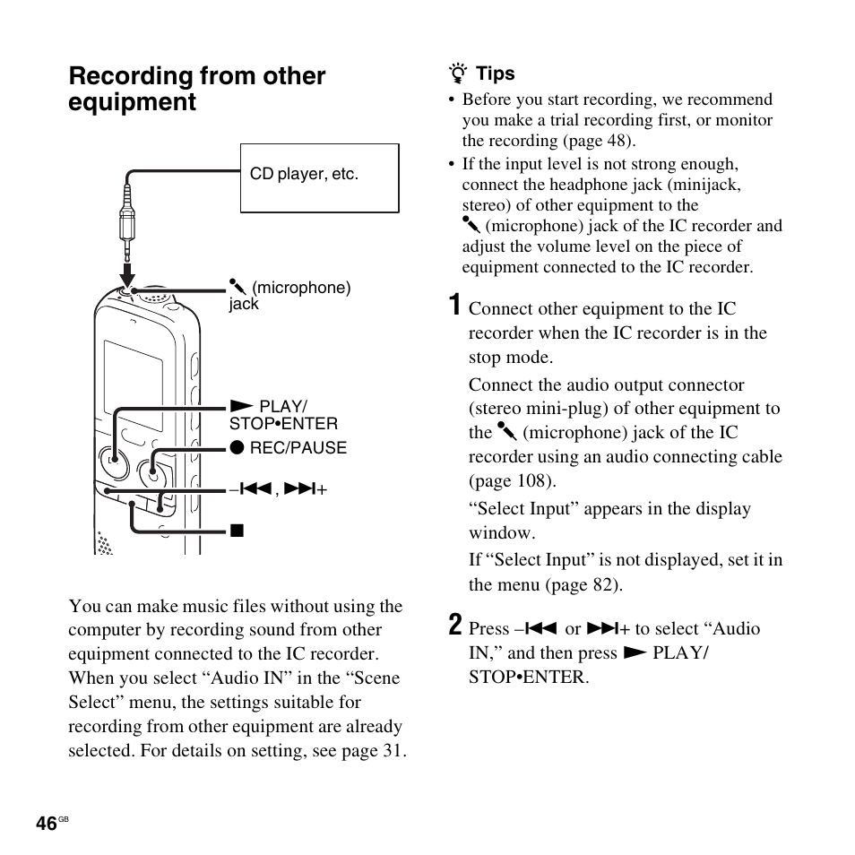 Recording from other equipment | Sony ICD-PX312D User Manual | Page 46 / 132