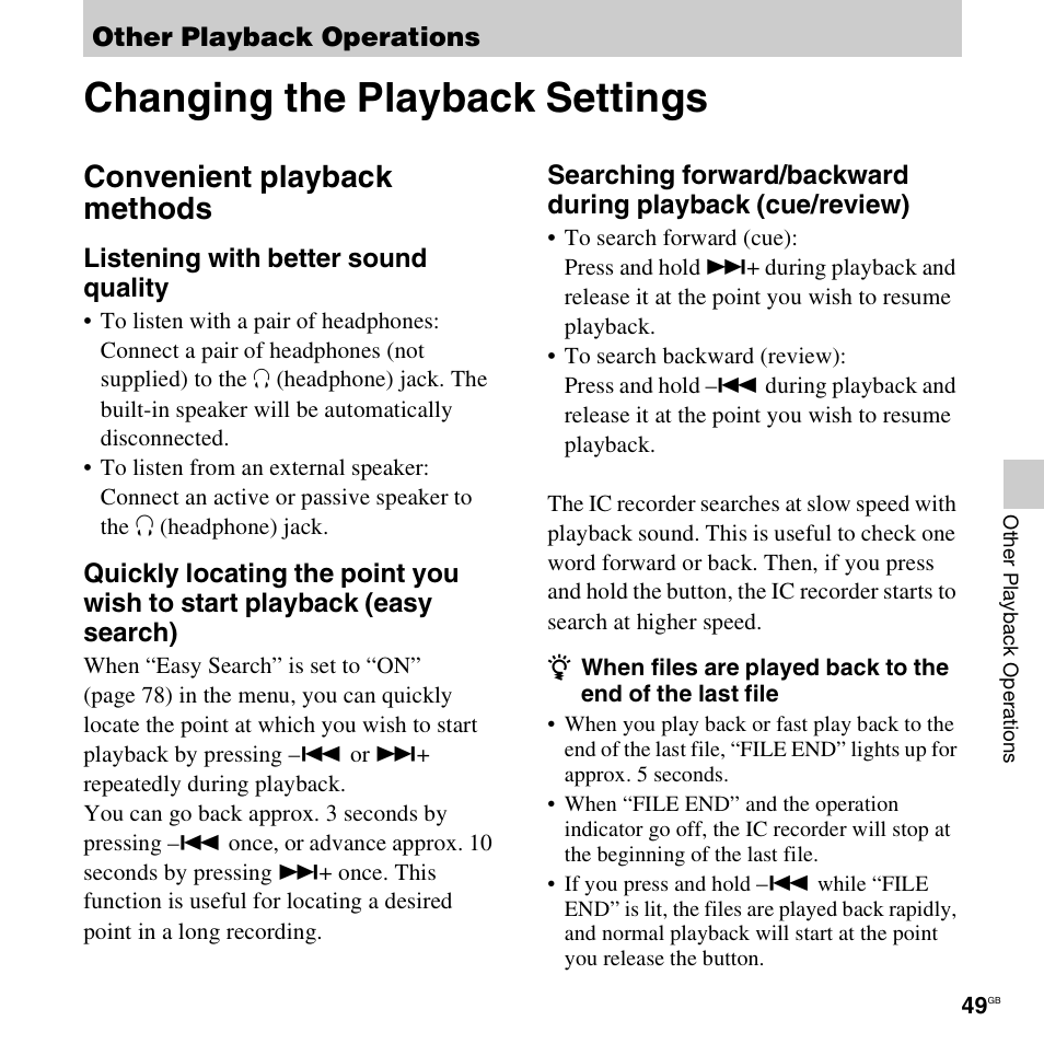 Other playback operations, Changing the playback settings, Convenient playback methods | Sony ICD-PX312D User Manual | Page 49 / 132