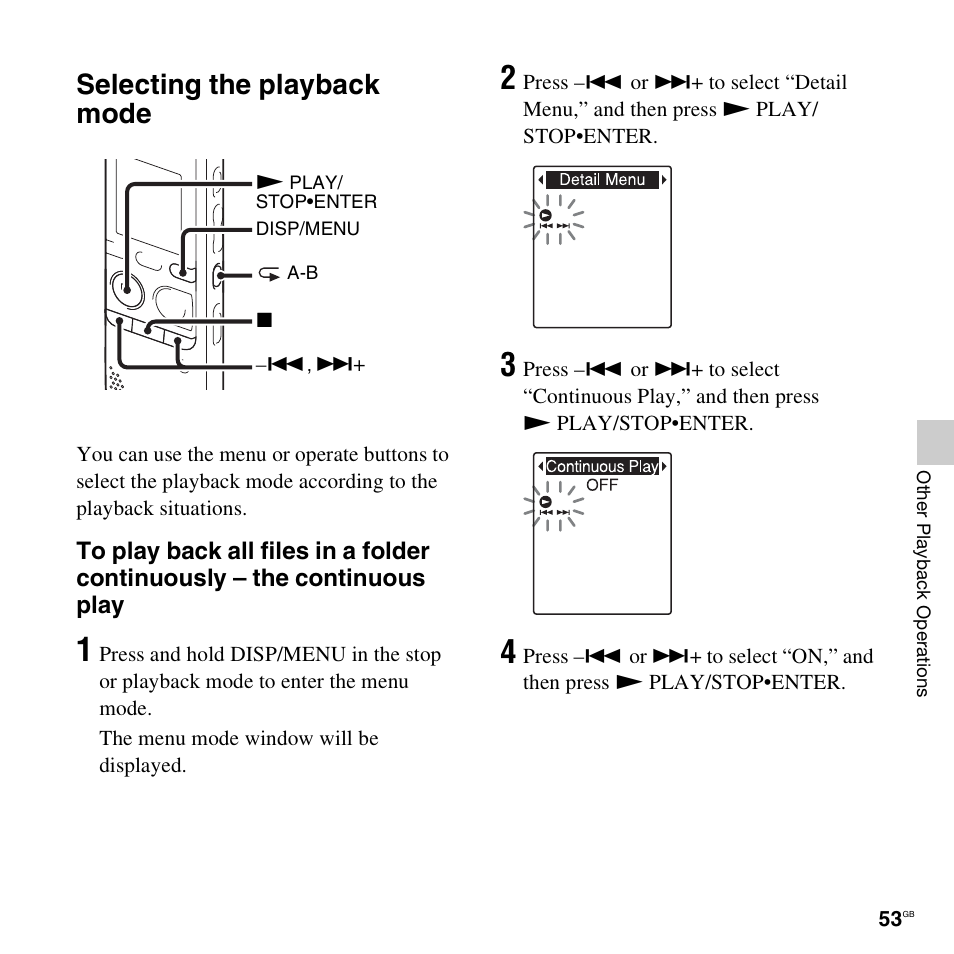 Selecting the playback mode | Sony ICD-PX312D User Manual | Page 53 / 132