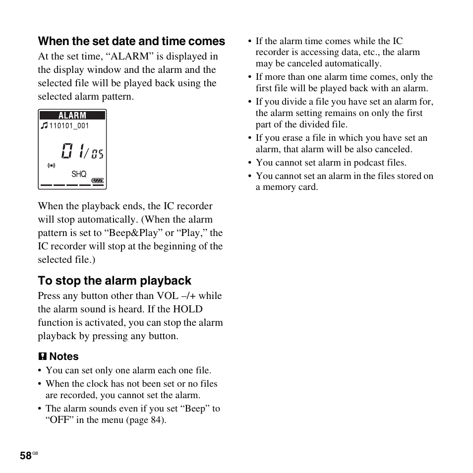 When the set date and time comes | Sony ICD-PX312D User Manual | Page 58 / 132