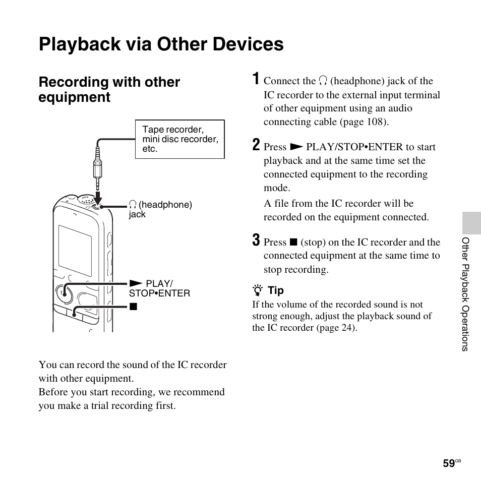Playback via other devices, Recording with other equipment | Sony ICD-PX312D User Manual | Page 59 / 132