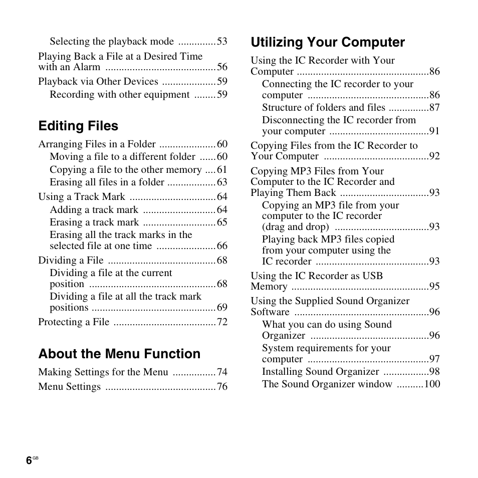 Editing files, About the menu function, Utilizing your computer | Sony ICD-PX312D User Manual | Page 6 / 132
