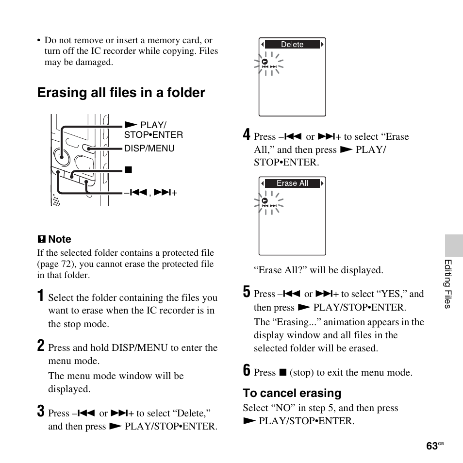 Erasing all files in a folder | Sony ICD-PX312D User Manual | Page 63 / 132