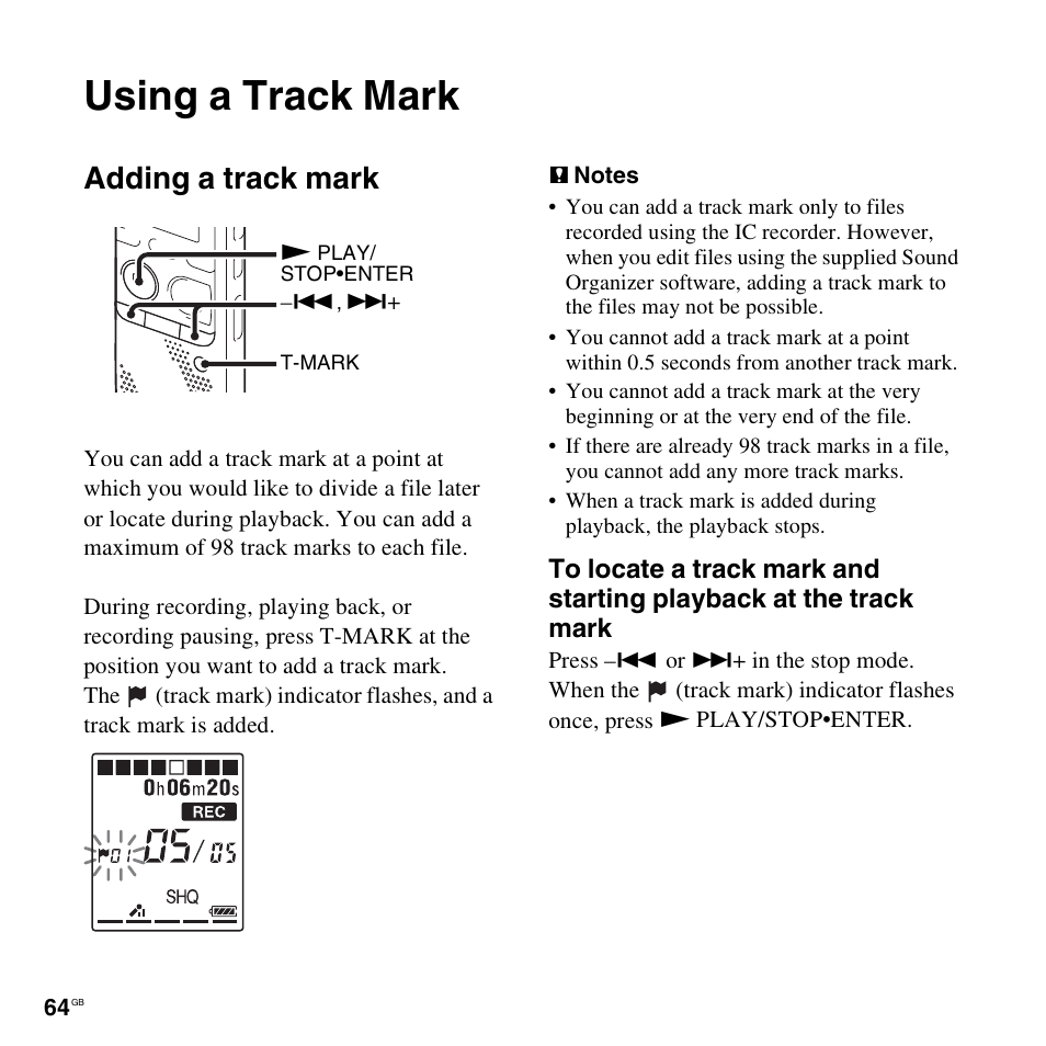 Using a track mark, Adding a track mark | Sony ICD-PX312D User Manual | Page 64 / 132