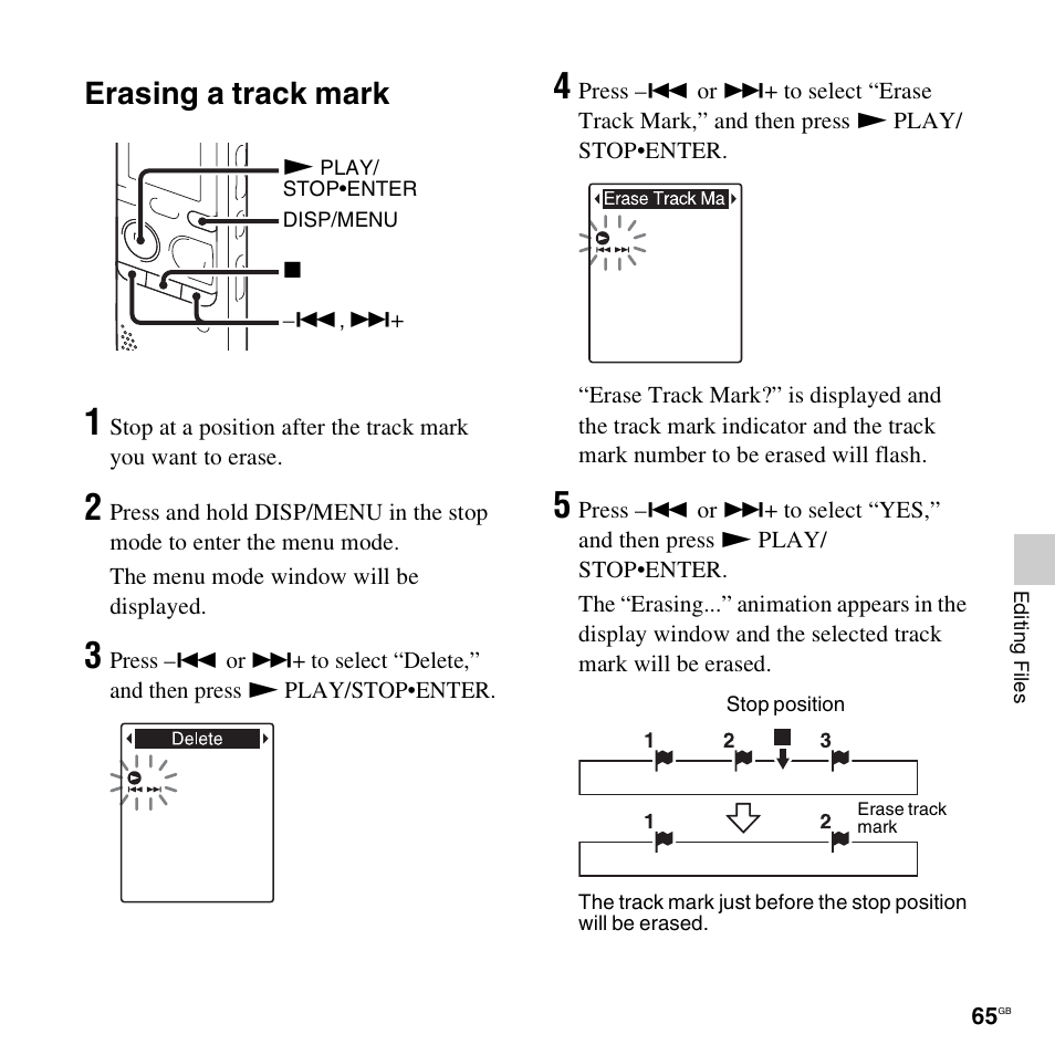 Erasing a track mark | Sony ICD-PX312D User Manual | Page 65 / 132