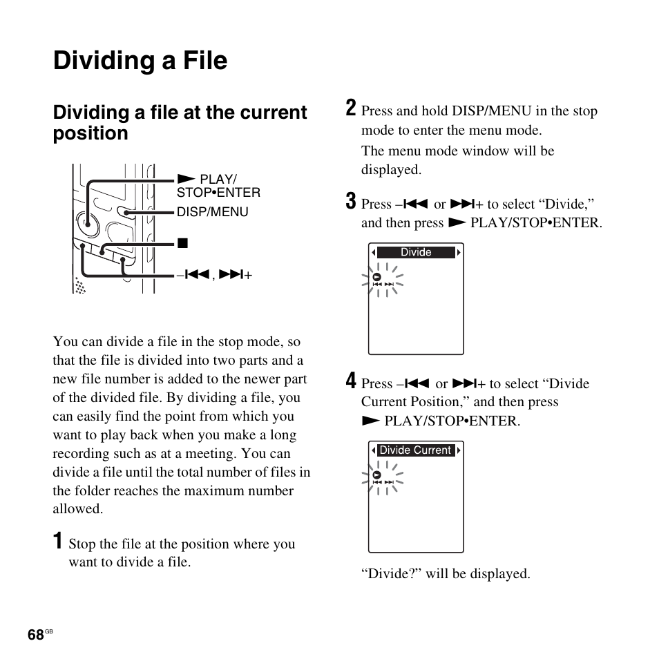 Dividing a file, Dividing a file at the current position | Sony ICD-PX312D User Manual | Page 68 / 132