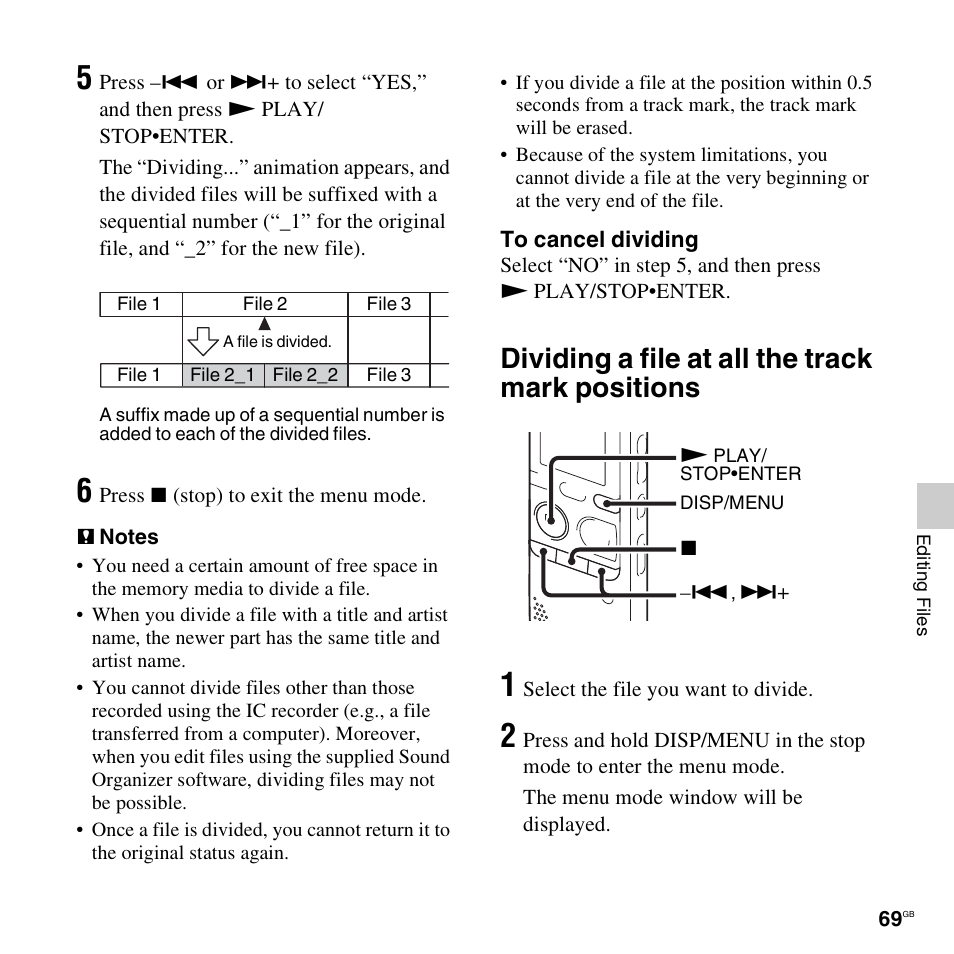 Dividing a file at all the track mark positions | Sony ICD-PX312D User Manual | Page 69 / 132