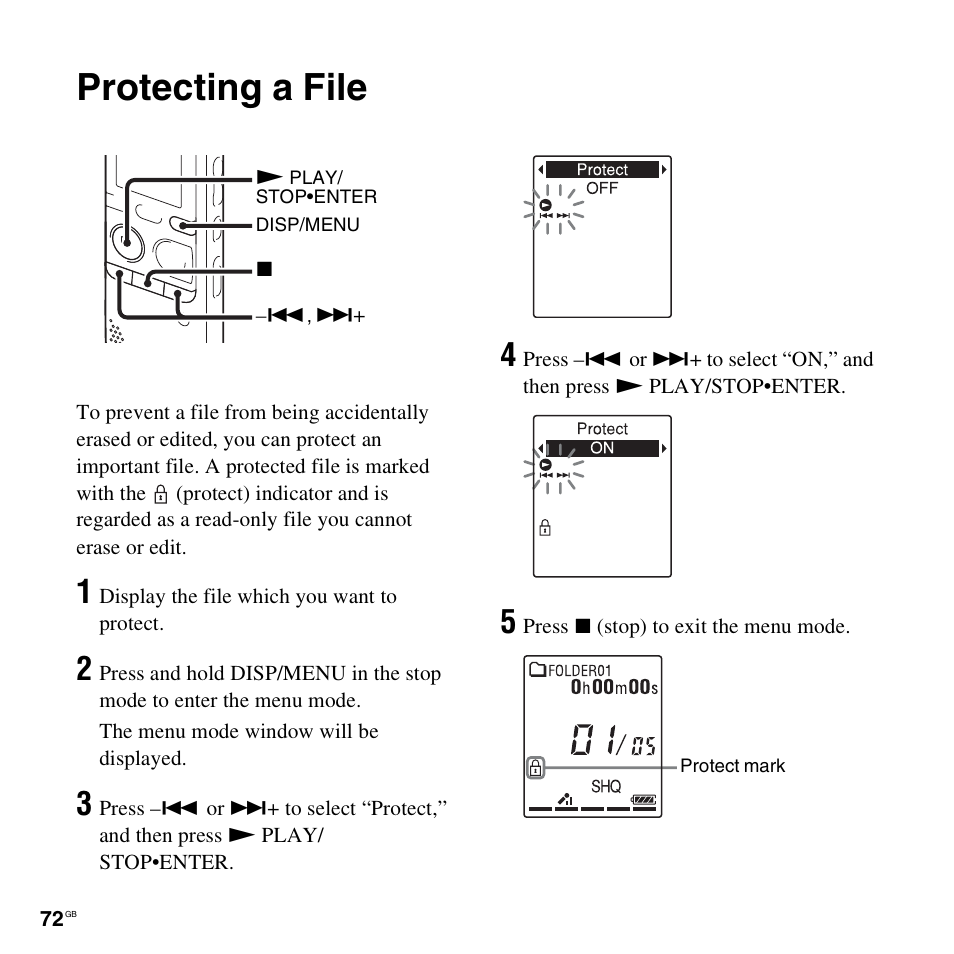 Protecting a file | Sony ICD-PX312D User Manual | Page 72 / 132